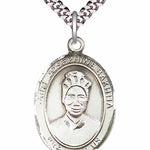 Men's Pewter Oval St. Josephine Bakhita Medal - 24&quot; 2.4mm Rhodium Plate Chain + Clasp