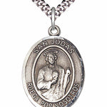 Men's Pewter Oval St. Jude Thaddeus Medal - 24&quot; 2.4mm Rhodium Plate Chain + Clasp