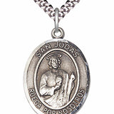 Men's Pewter Oval St. Jude Thaddeus Medal - 24&quot; 2.4mm Rhodium Plate Chain + Clasp