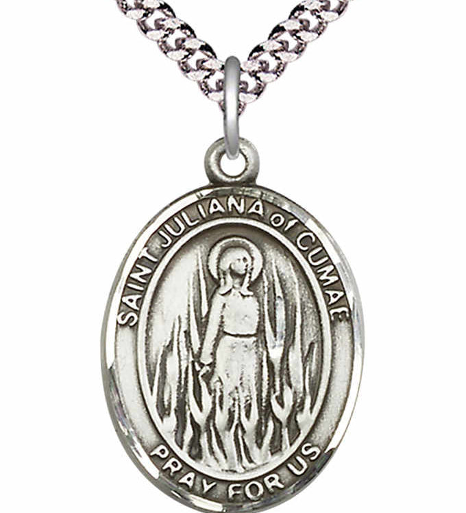 Men's Pewter Oval St. Juliana Medal - 24&quot; 2.4mm Rhodium Plate Chain + Clasp