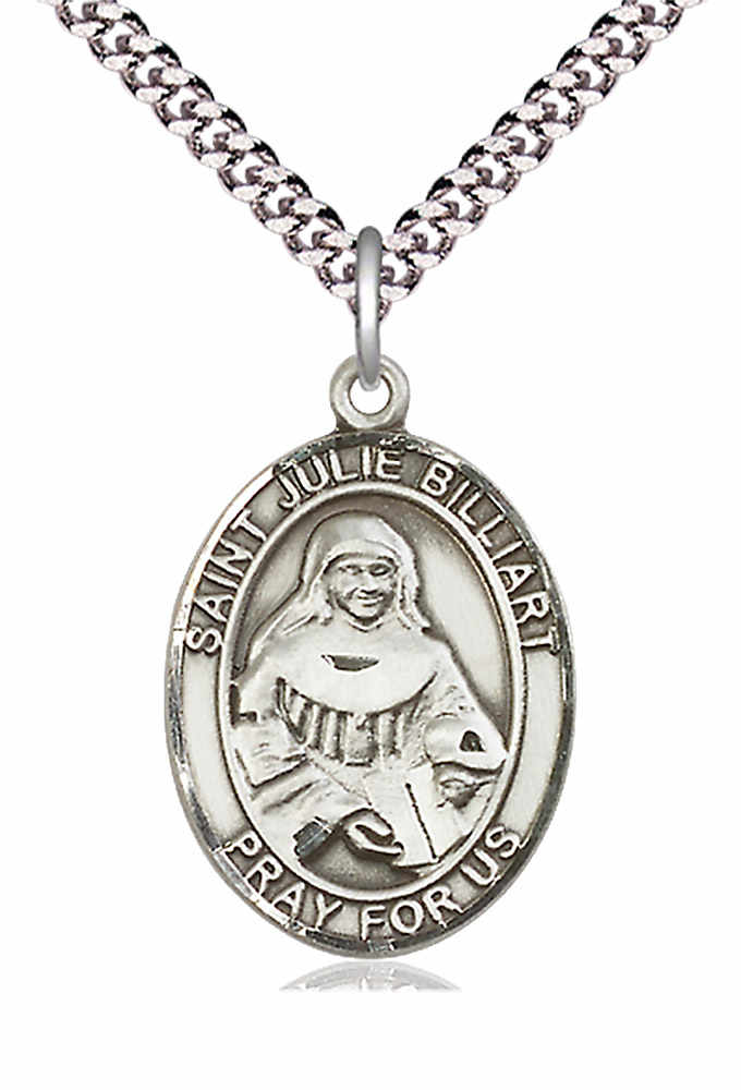 Men's Pewter Oval St. Julie Billiart Medal - 24&quot; 2.4mm Rhodium Plate Chain + Clasp