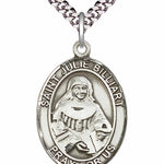 Men's Pewter Oval St. Julie Billiart Medal - 24&quot; 2.4mm Rhodium Plate Chain + Clasp
