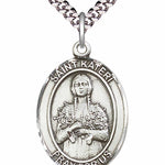 Men's Pewter Oval St. Kateri Medal - 24&quot; 2.4mm Rhodium Plate Chain + Clasp