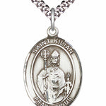 Men's Pewter Oval St. Kilian Medal - 24&quot; 2.4mm Rhodium Plate Chain + Clasp