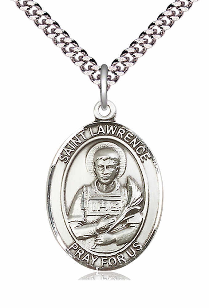 Men's Pewter Oval St. Lawrence Medal - 24&quot; 2.4mm Rhodium Plate Chain + Clasp