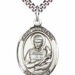 Men's Pewter Oval St. Lawrence Medal - 24&quot; 2.4mm Rhodium Plate Chain + Clasp