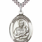 Men's Pewter Oval St. Lawrence Medal - 24&quot; 2.4mm Rhodium Plate Chain + Clasp