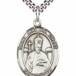 Men's Pewter Oval St. Leo the Great Medal - 24&quot; 2.4mm Rhodium Plate Chain + Clasp