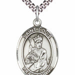 Men's Pewter Oval St. Louis Medal - 24&quot; 2.4mm Rhodium Plate Chain + Clasp