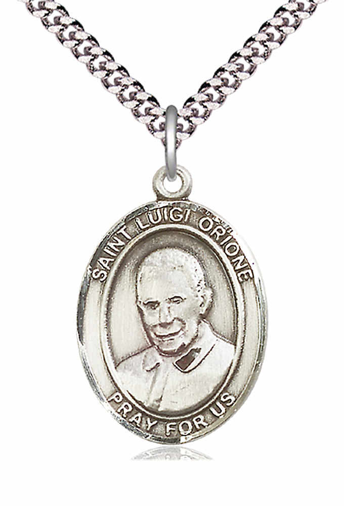 Men's Pewter Oval St. Luigi Orione Medal - 24&quot; 2.4mm Rhodium Plate Chain + Clasp