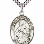 Men's Pewter Oval St. Maria Goretti Medal - 24&quot; 2.4mm Rhodium Plate Chain + Clasp