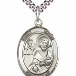 Men's Pewter Oval St. Mark the Evangelist Medal - 24&quot; 2.4mm Rhodium Plate Chain + Clasp