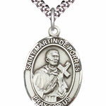 Men's Pewter Oval St. Martin de Porres Medal - 24&quot; 2.4mm Rhodium Plate Chain + Clasp