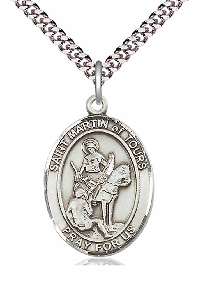 Men's Pewter Oval St. Martin of Tours Medal - 24&quot; 2.4mm Rhodium Plate Chain + Clasp