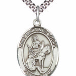 Men's Pewter Oval St. Martin of Tours Medal - 24&quot; 2.4mm Rhodium Plate Chain + Clasp