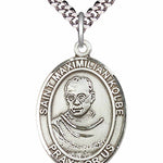 Men's Pewter Oval St. Maximilian Kolbe Medal - 24&quot; 2.4mm Rhodium Plate Chain + Clasp