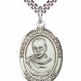 Men's Pewter Oval St. Maximilian Kolbe Medal - 24&quot; 2.4mm Rhodium Plate Chain + Clasp