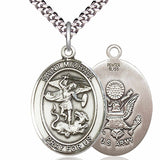 Men's Pewter Oval St. Michael Army Medal - 24&quot; 2.4mm Rhodium Plate Chain + Clasp