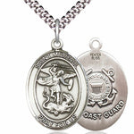 Men's Pewter Oval St. Michael Coast Guard Medal - 24&quot; 2.4mm Rhodium Plate Chain + Clasp