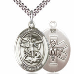 Men's Pewter Oval St. Michael EMT Medal - 24&quot; 2.4mm Rhodium Plate Chain + Clasp
