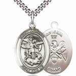 Men's Pewter Oval St. Michael National Guard Medal - 24&quot; 2.4mm Rhodium Plate Chain + Clasp
