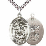 Men's Pewter Oval St. Michael Navy Medal - 24&quot; 2.4mm Rhodium Plate Chain + Clasp