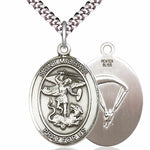 Men's Pewter Oval St. Michael Paratrooper Medal - 24&quot; 2.4mm Rhodium Plate Chain + Clasp