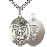 Men's Pewter Oval St. Michael Paratrooper Medal - 24&quot; 2.4mm Rhodium Plate Chain + Clasp