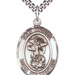 Men's Pewter Oval St. Michael the Archangel Medal - 24&quot; 2.4mm Rhodium Plate Chain + Clasp