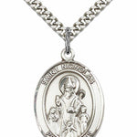 Men's Pewter Oval St. Nicholas Medal - 24&quot; 2.4mm Rhodium Plate Chain + Clasp
