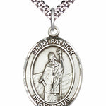 Men's Pewter Oval St. Patrick Medal - 24&quot; 2.4mm Rhodium Plate Chain + Clasp