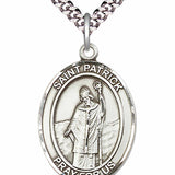 Men's Pewter Oval St. Patrick Medal - 24&quot; 2.4mm Rhodium Plate Chain + Clasp