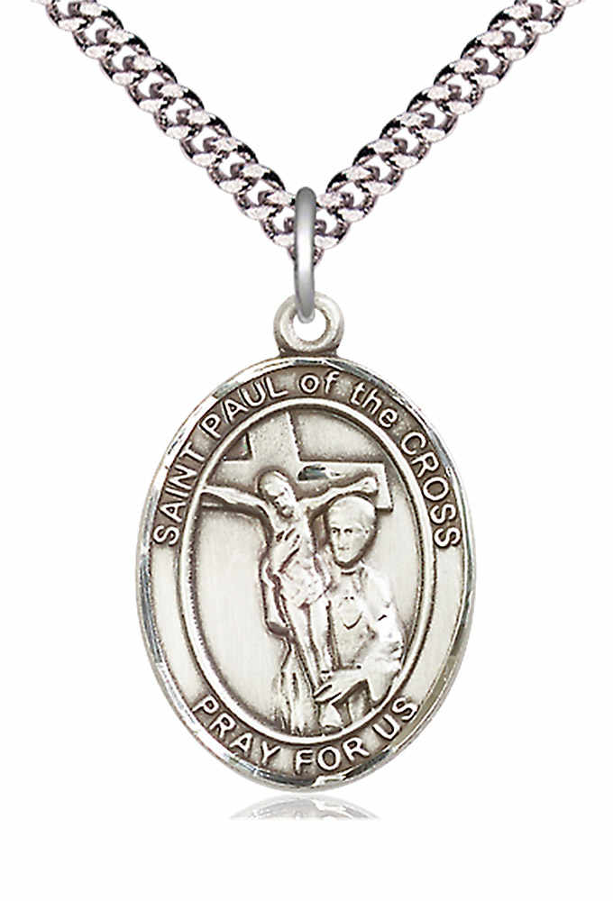 Men's Pewter Oval St. Paul of the Cross Medal - 24&quot; 2.4mm Rhodium Plate Chain + Clasp
