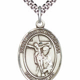 Men's Pewter Oval St. Paul of the Cross Medal - 24&quot; 2.4mm Rhodium Plate Chain + Clasp