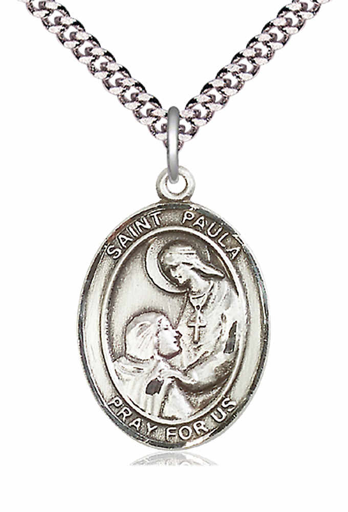 Men's Pewter Oval St. Paula Medal - 24&quot; 2.4mm Rhodium Plate Chain + Clasp