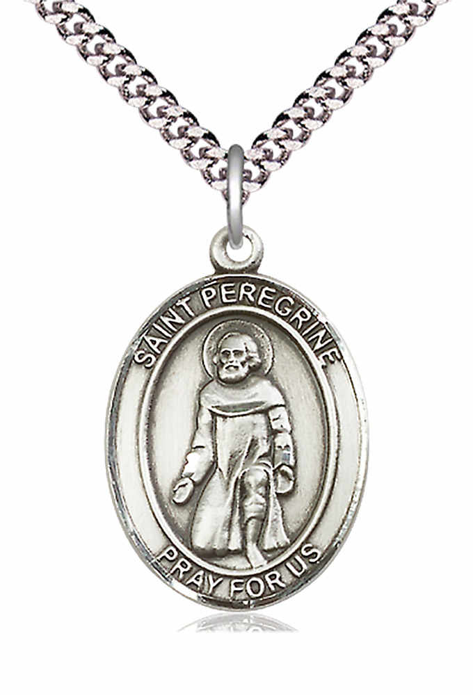 Men's Pewter Oval St. Peregrine Laziosi Medal - 24&quot; 2.4mm Rhodium Plate Chain + Clasp