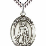 Men's Pewter Oval St. Peregrine Laziosi Medal - 24&quot; 2.4mm Rhodium Plate Chain + Clasp