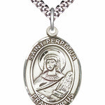 Men's Pewter Oval St. Perpetua Medal - 24&quot; 2.4mm Rhodium Plate Chain + Clasp