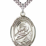 Men's Pewter Oval St. Perpetua Medal - 24&quot; 2.4mm Rhodium Plate Chain + Clasp