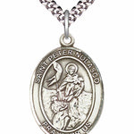 Men's Pewter Oval St. Peter Nolasco Medal - 24&quot; 2.4mm Rhodium Plate Chain + Clasp