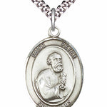 Men's Pewter Oval St. Peter the Apostle Medal - 24&quot; 2.4mm Rhodium Plate Chain + Clasp