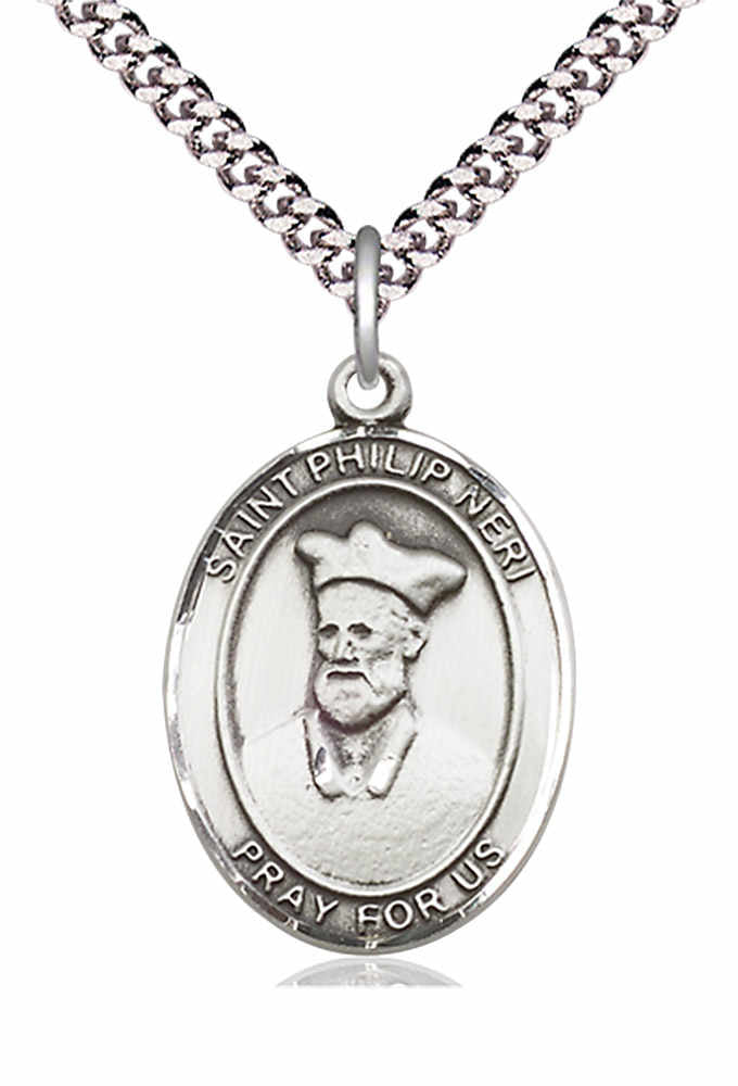 Men's Pewter Oval St. Philip Neri Medal - 24&quot; 2.4mm Rhodium Plate Chain + Clasp