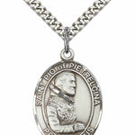 Men's Pewter Oval St. Pio of Pietrelcina Medal - 24&quot; 2.4mm Rhodium Plate Chain + Clasp