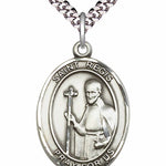 Men's Pewter Oval St. Regis Medal - 24&quot; 2.4mm Rhodium Plate Chain + Clasp
