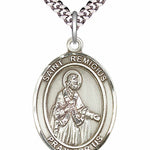 Men's Pewter Oval St. Remigius of Reims Medal - 24&quot; 2.4mm Rhodium Plate Chain + Clasp