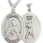 Men's Pewter Oval St. Rita Baseball Medal - 24&quot; 2.4mm Rhodium Plate Chain + Clasp
