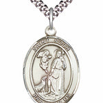 Men's Pewter Oval St. Roch Medal - 24&quot; 2.4mm Rhodium Plate Chain + Clasp