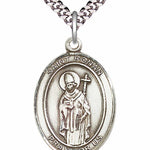 Men's Pewter Oval St. Ronan Medal - 24&quot; 2.4mm Rhodium Plate Chain + Clasp