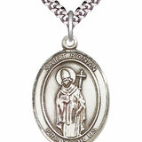 Men's Pewter Oval St. Ronan Medal - 24&quot; 2.4mm Rhodium Plate Chain + Clasp
