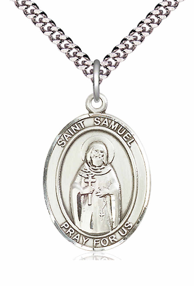 Men's Pewter Oval St. Samuel Medal - 24&quot; 2.4mm Rhodium Plate Chain + Clasp